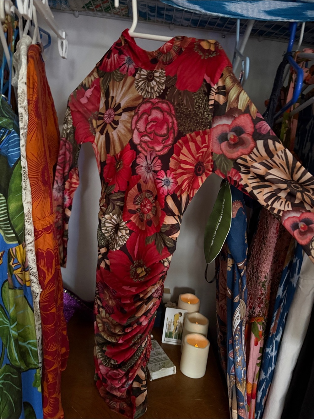 FARM Rio Red Multi Floral Long-Sleeve Ruched Bodycon Dress